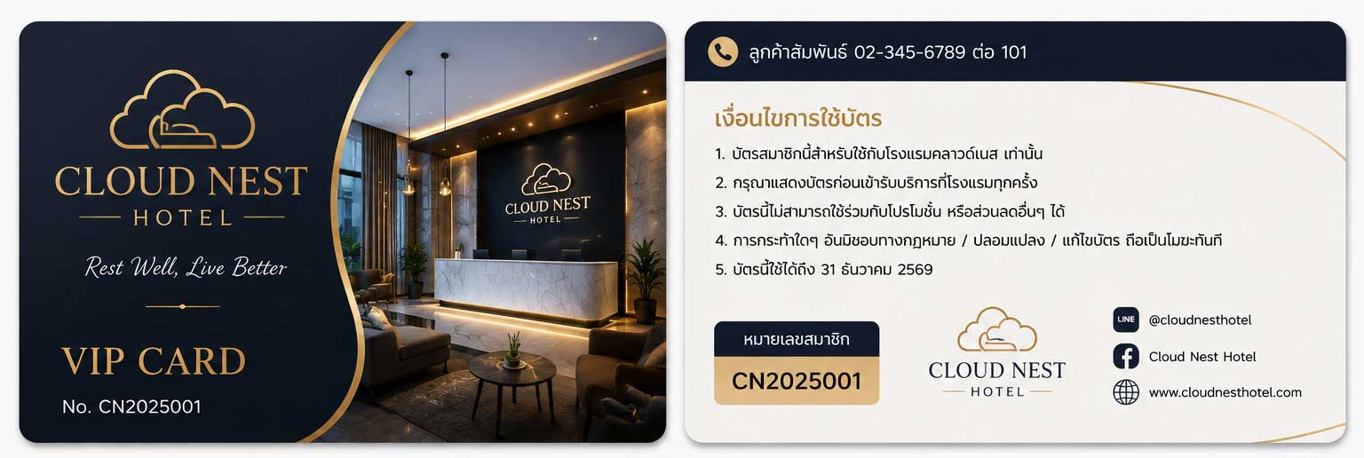 ตัวอย่างบัตร VIP โรงแรม ดีไซน์หรูหรา พิมพ์สี่สีคมชัด